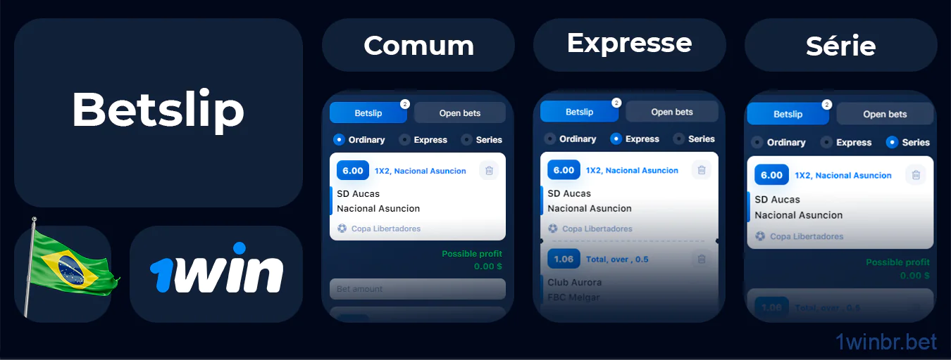 Você pode criar recibos de apostas comuns, expressos e em série no 1Win